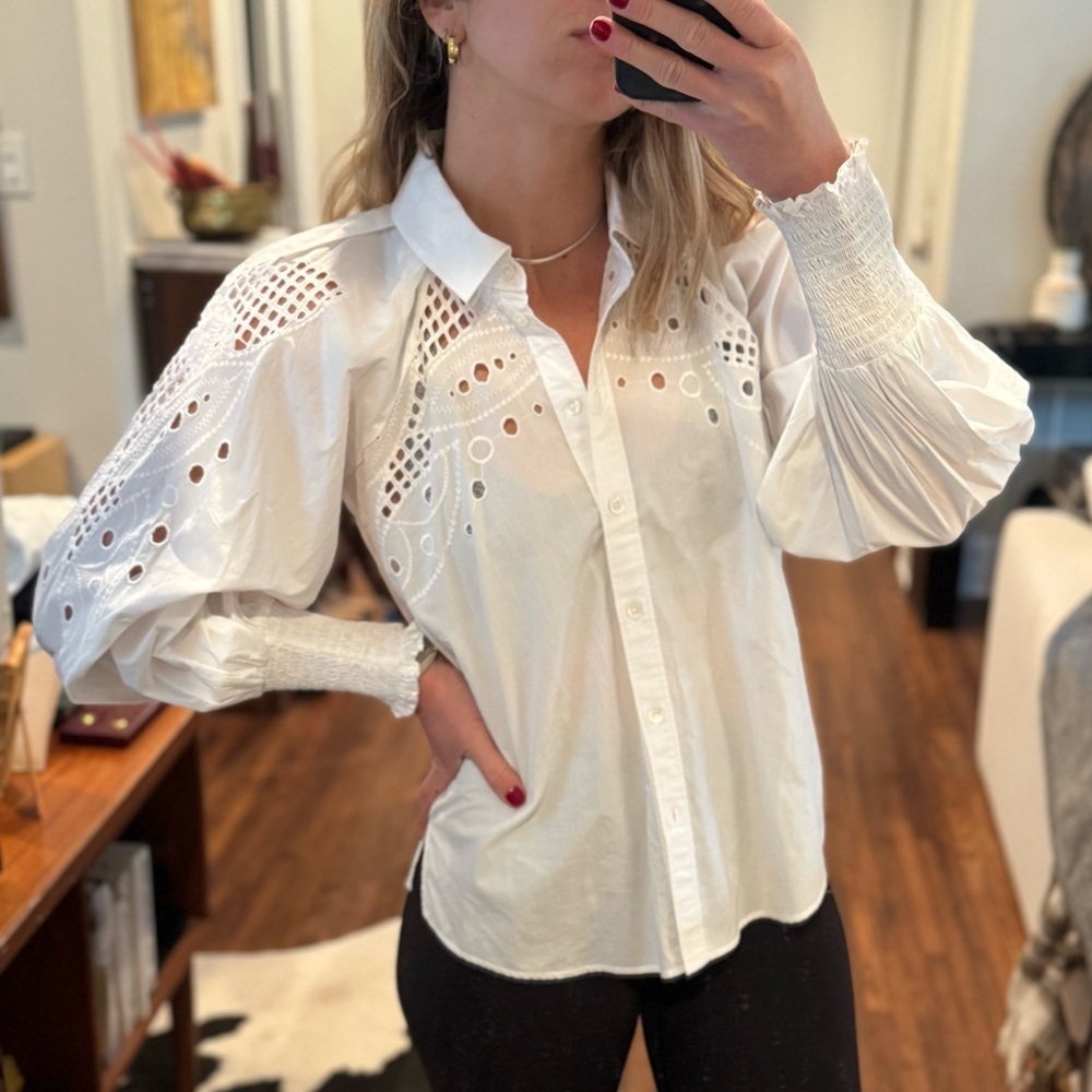 Veronica Beard Lilah Lace Cut Out Geometric Abstract White Eyelet Blouse Size 4 - Picture 6 of 11